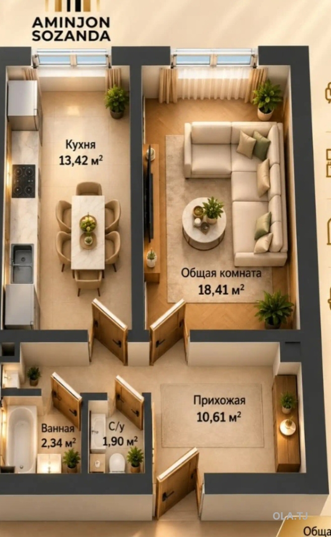 2 комнатная квартира, 6 этаж, 47 м²