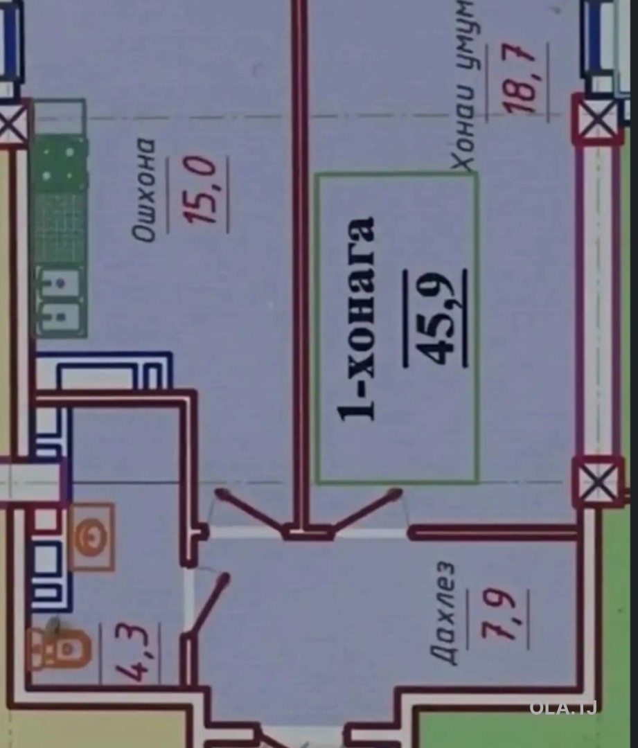 1 комнатная квартира, 8 этаж, 46 м²
