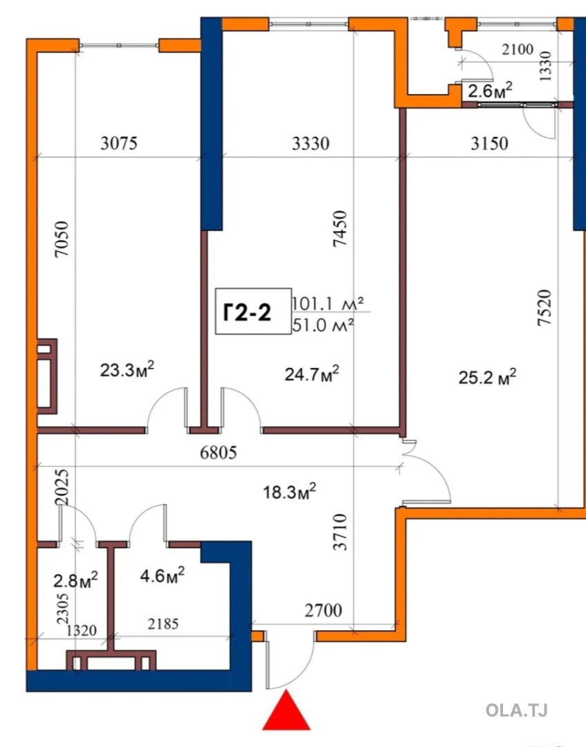 2 комнатная квартира, 11 этаж, 101 м²