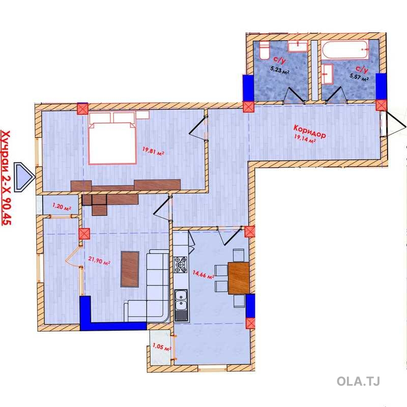 2 комнатная квартира, 12 этаж, 90 м²
