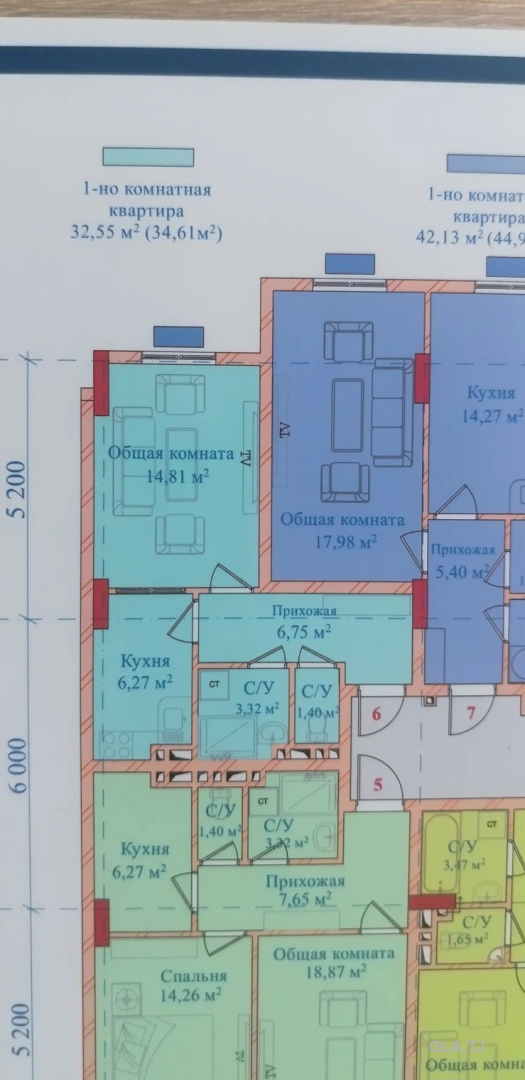 1 комнатная квартира, Цокольный этаж, 32 м²