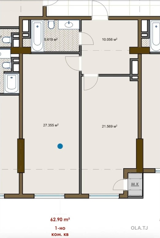 1 комнатная квартира, 13 этаж, 62 м²