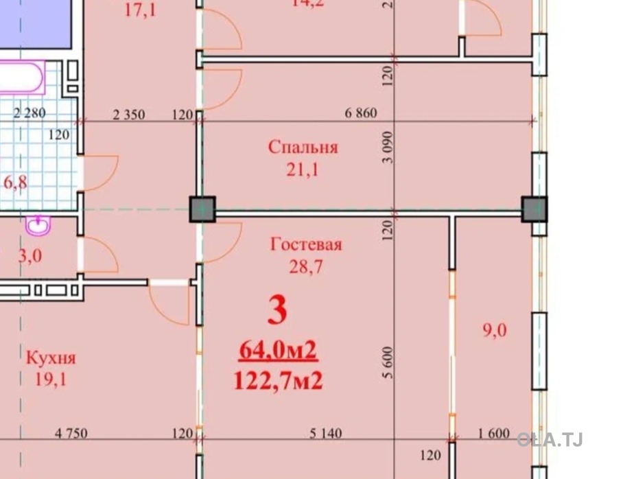 3 комнатная квартира, 18 этаж, 123 м²