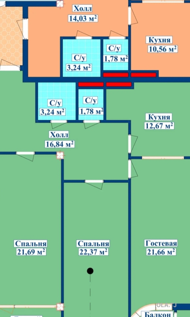 3 комнатная квартира, 14 этаж, 107 м²