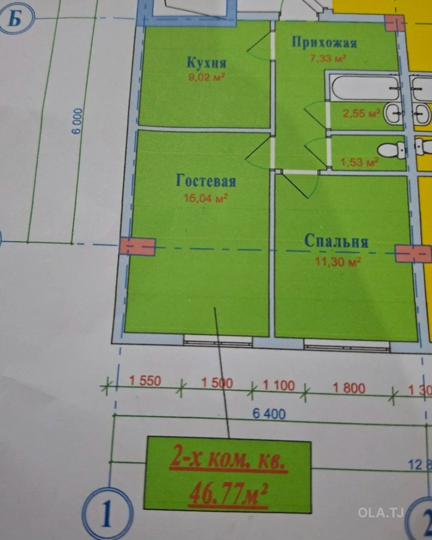 2 комнатная квартира, 6 этаж, 60 м²
