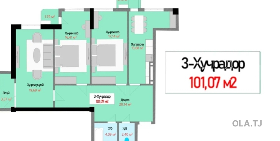 3 комнатная квартира, 14 этаж, 101 м²