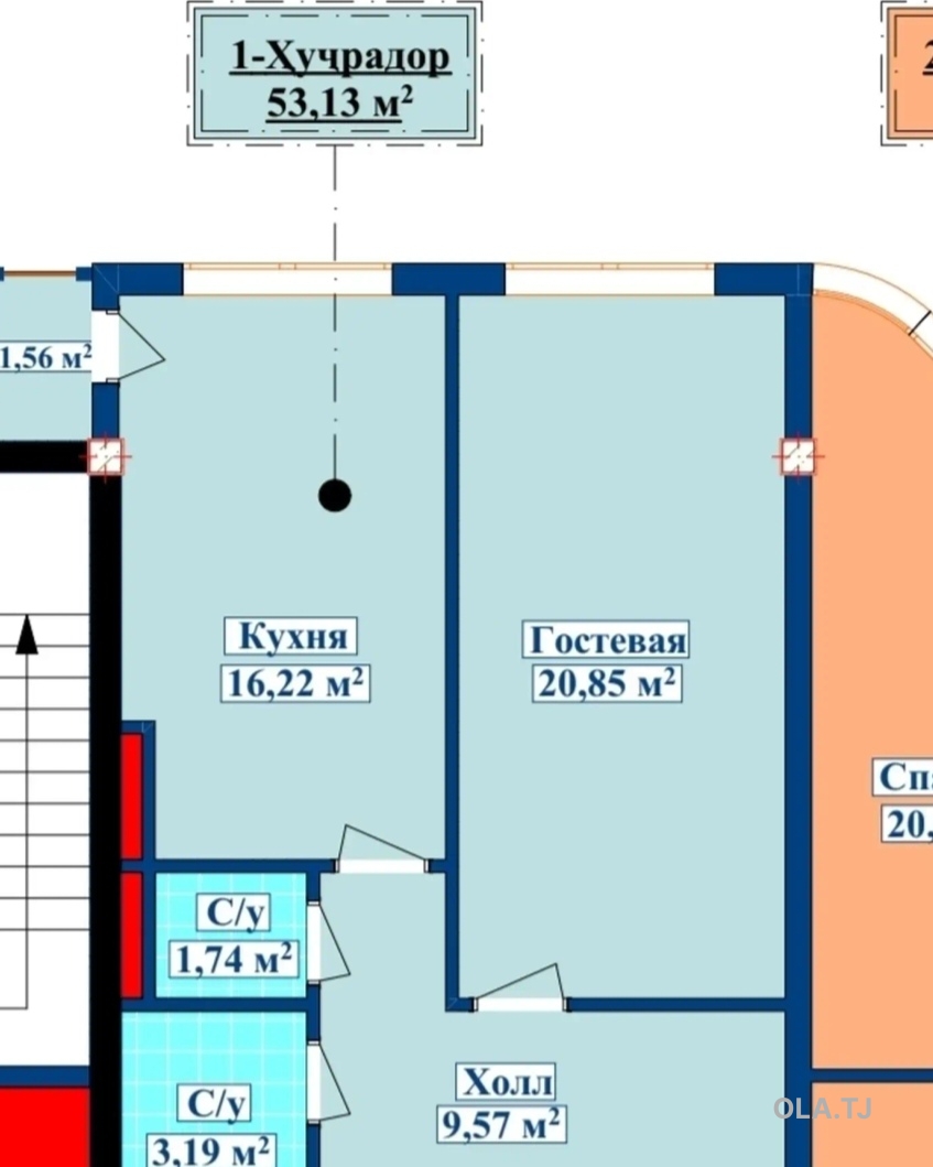 1 комнатная квартира, 7 этаж, 53 м²
