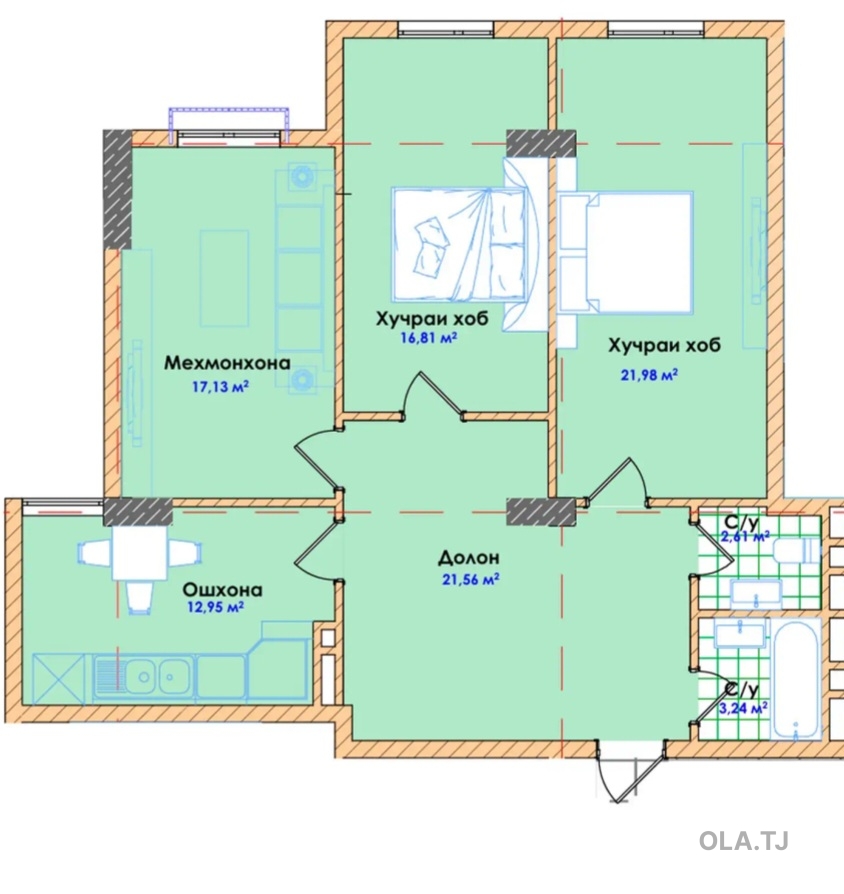 3 комнатная квартира, 5 этаж, 96 м²