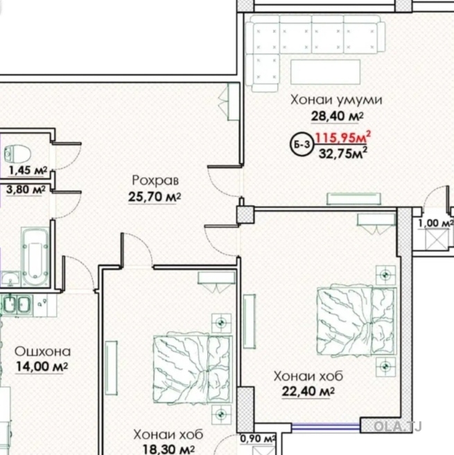 3 комнатная квартира, 7 этаж, 116 м²