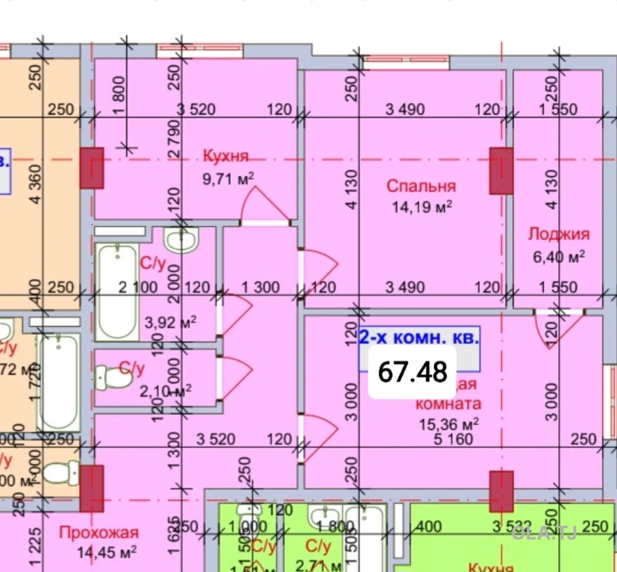 2 комнатная квартира, 2 этаж, 67 м²