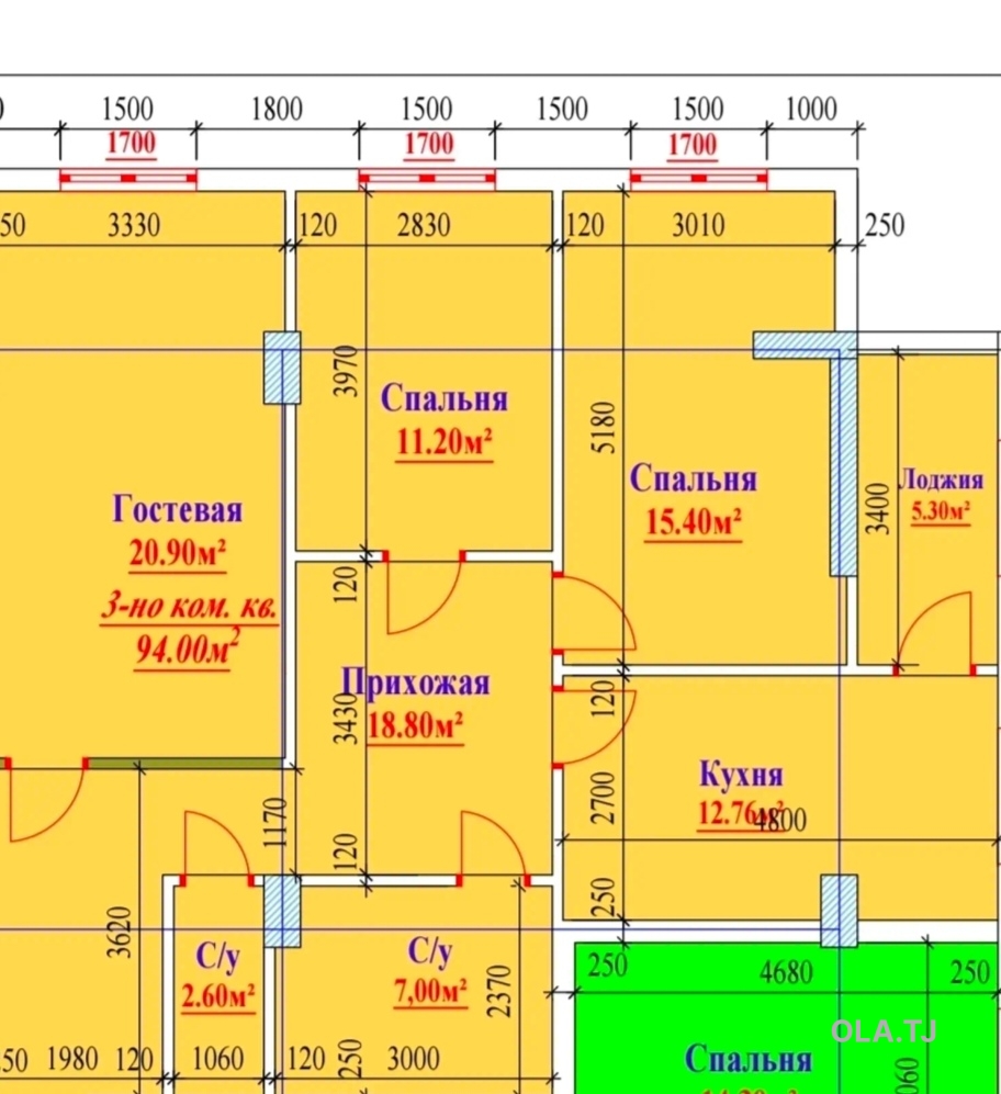 3 комнатная квартира, 5 этаж, 94 м²