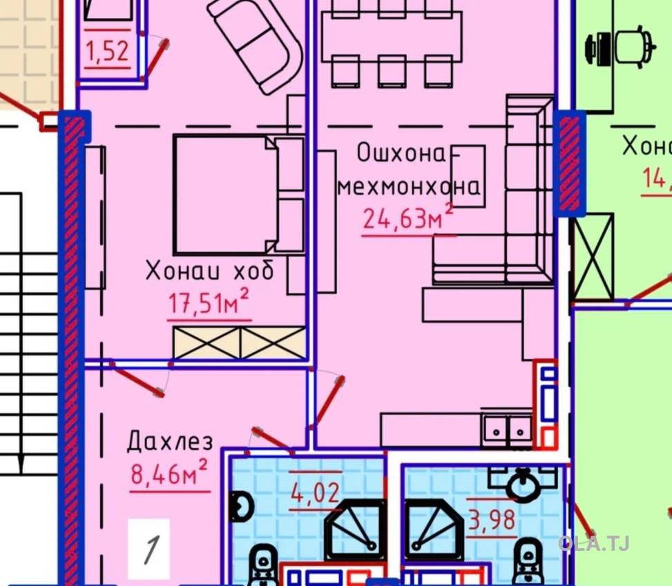 1 комнатная квартира, 15 этаж, 57 м²