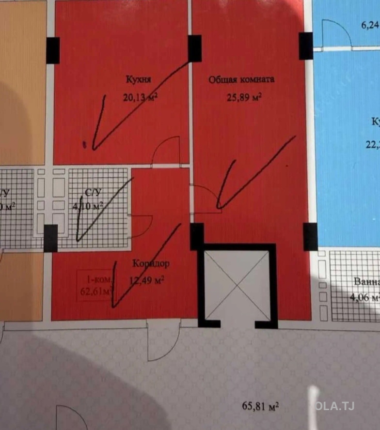 1 комнатная квартира, 2 этаж, 63 м²