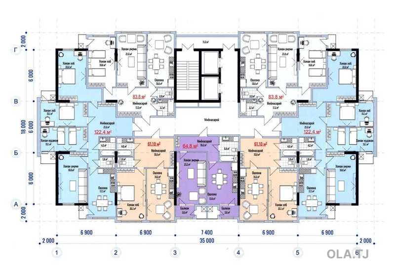 2 комнатная квартира, 8 этаж, 61 м²