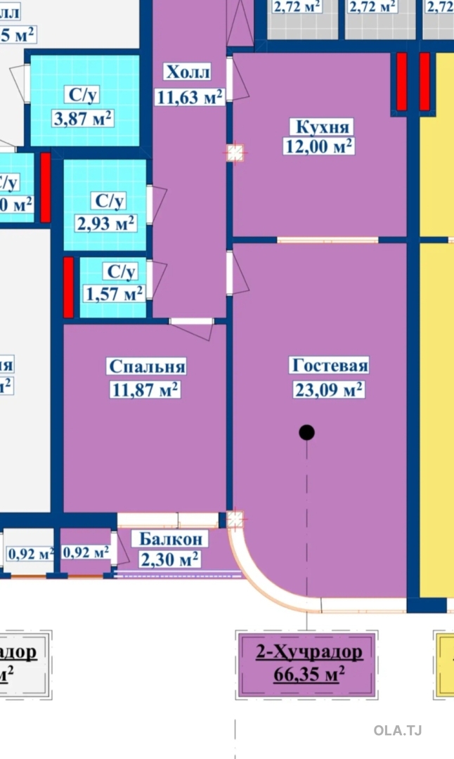 1 комнатная квартира, 3 этаж, 66 м²