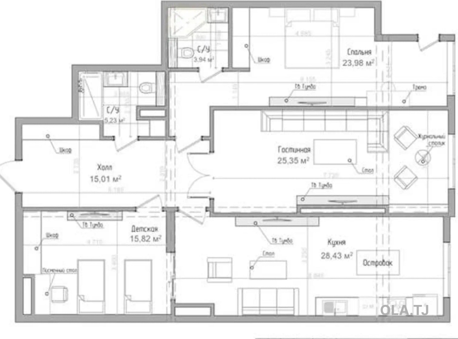 3 комнатная квартира, 15 этаж, 123 м²