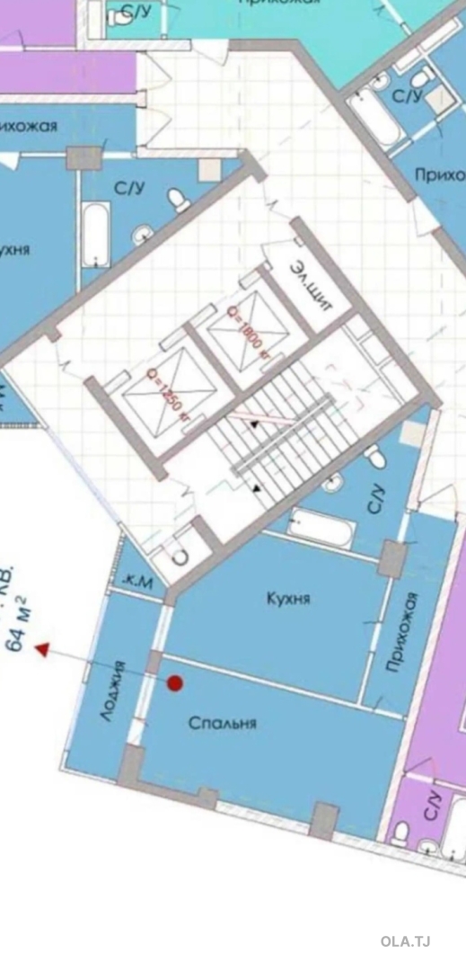 1 комнатная квартира, 15 этаж, 64 м²