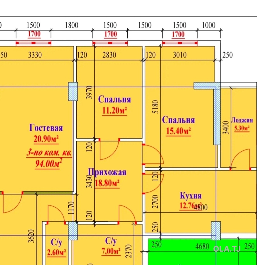 3 комнатная квартира, 5 этаж, 94 м²
