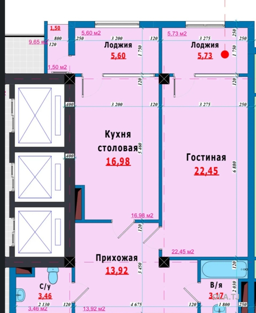 1 комнатная квартира, 12 этаж, 73 м²