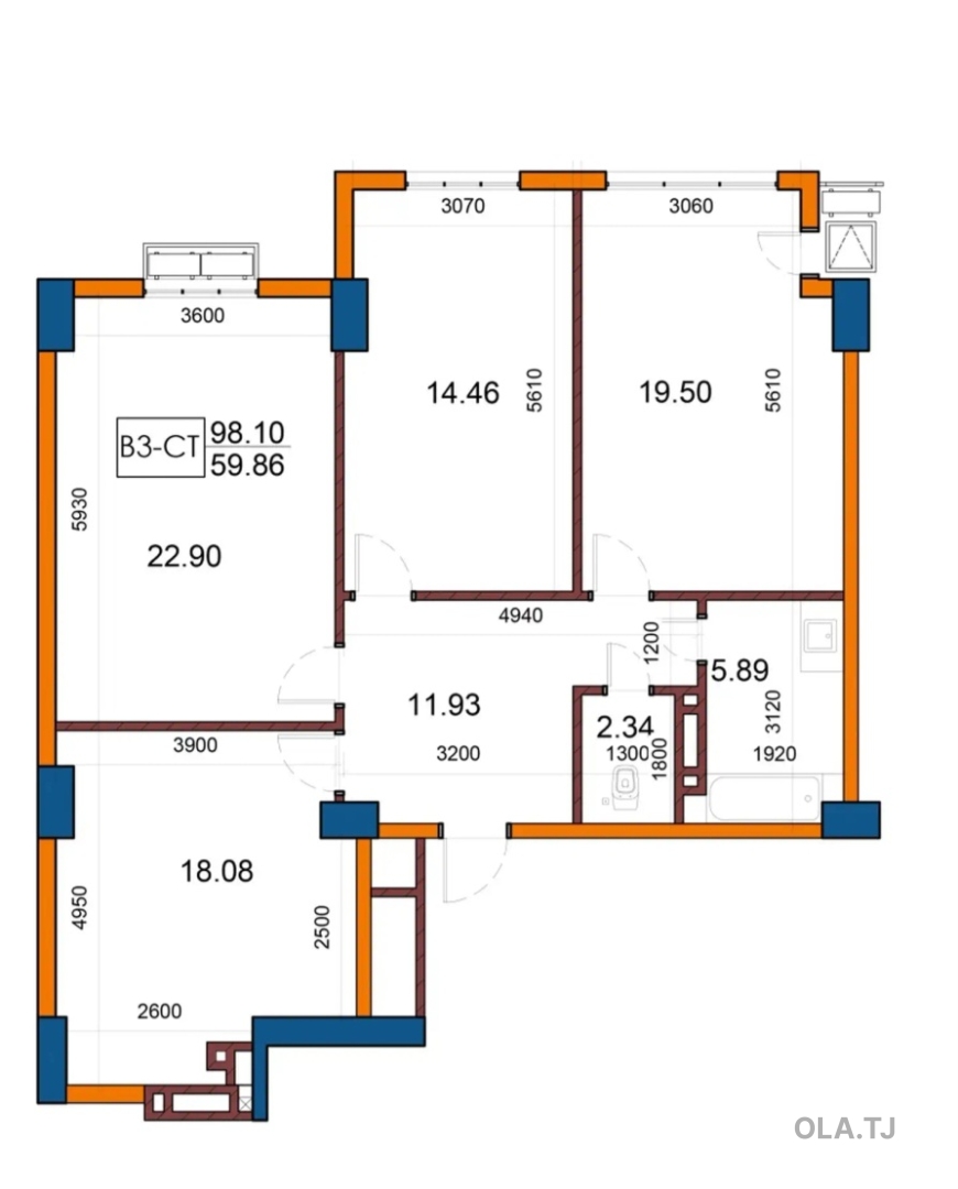 3 комнатная квартира, 5 этаж, 98 м²