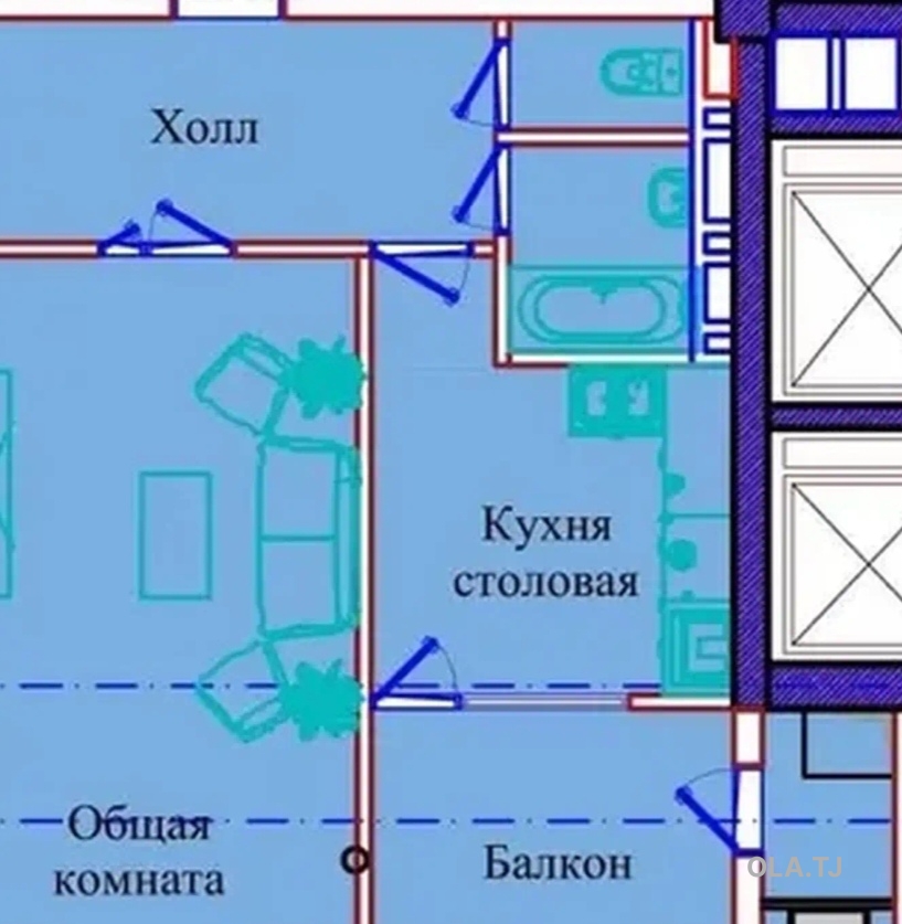 1 комнатная квартира, 6 этаж, 55 м²