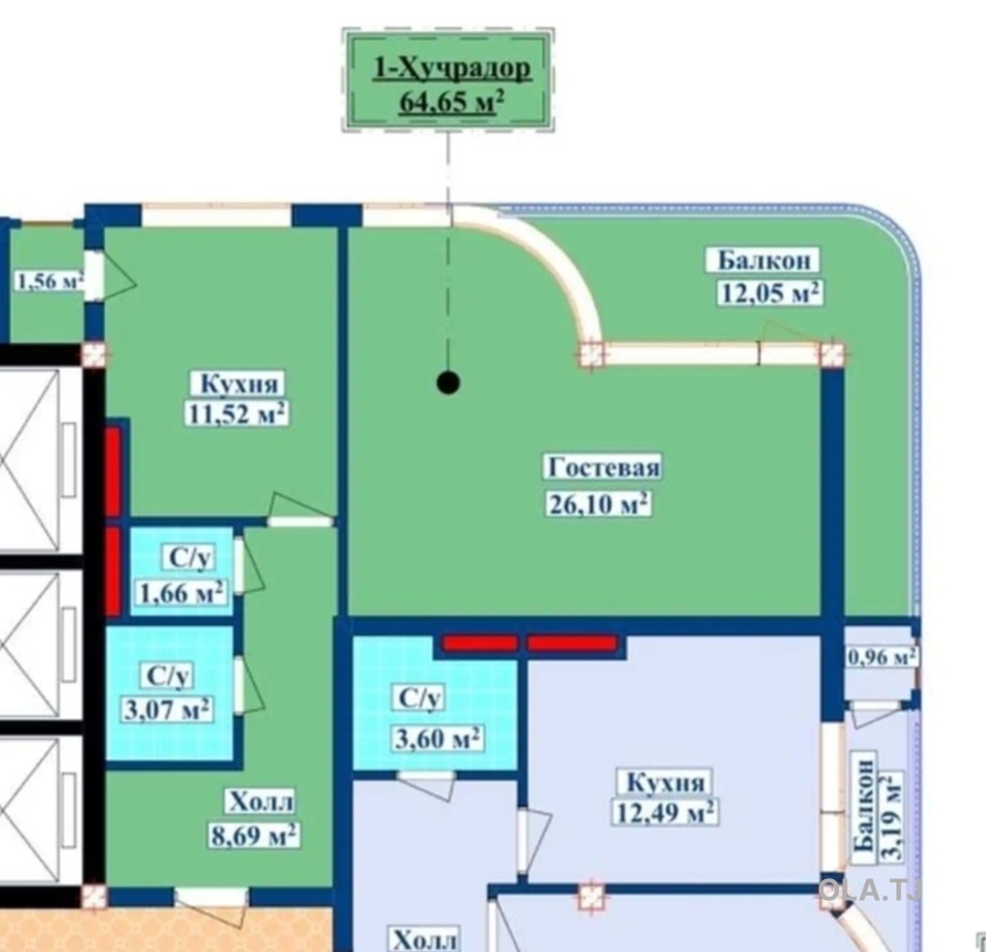 1 комнатная квартира, 13 этаж, 64 м²