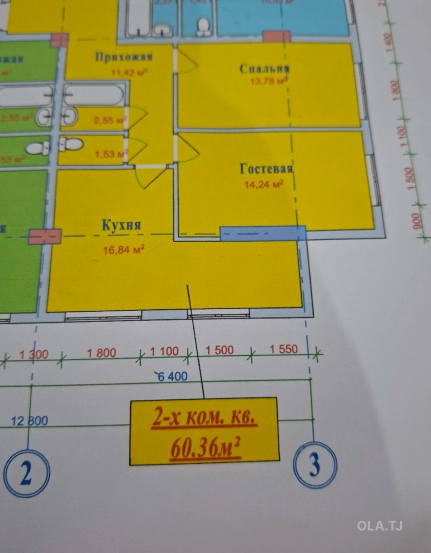 2 комнатная квартира, 6 этаж, 60 м²