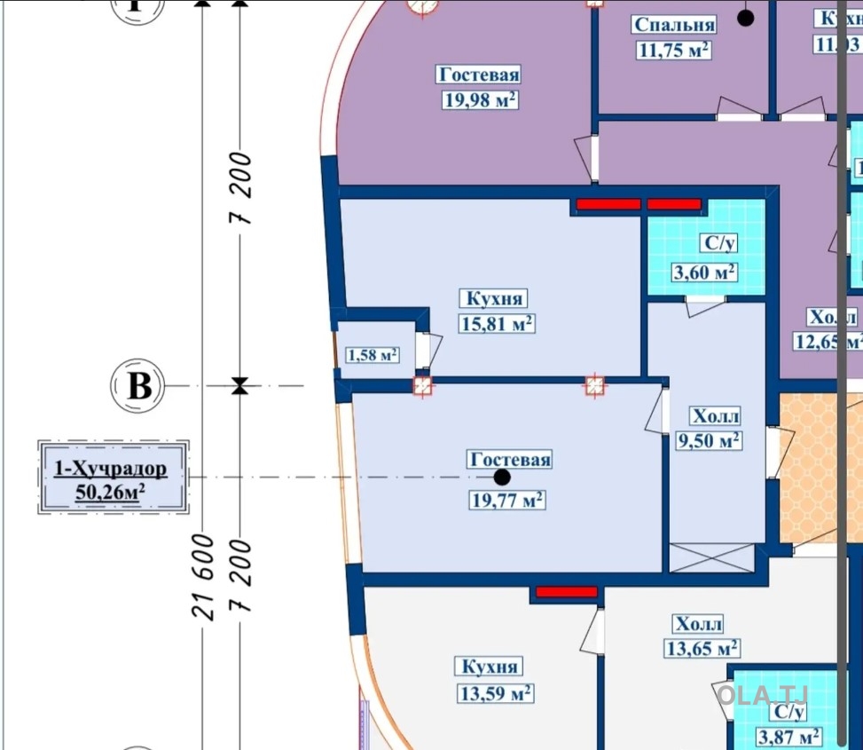 1 комнатная квартира, 6 этаж, 50 м²