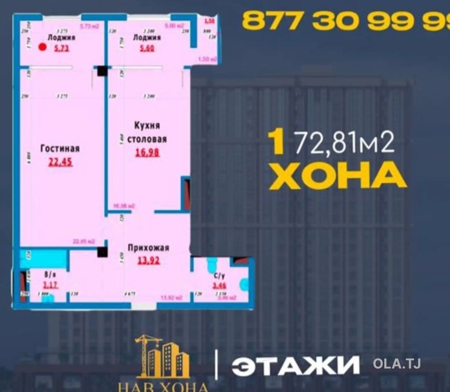 1 комнатная квартира, 10 этаж,