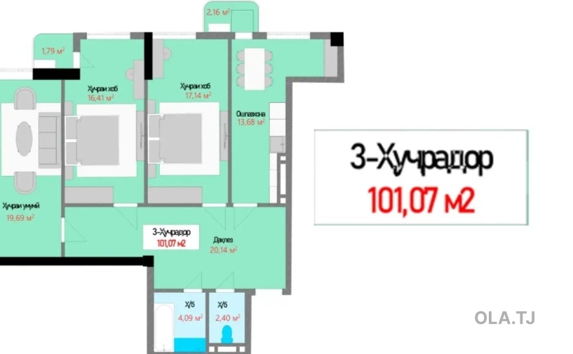 3 комнатная квартира, 15 этаж, 101 м²