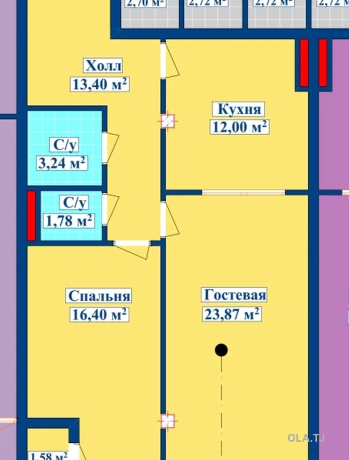 2 комнатная квартира, 6 этаж, 72 м²