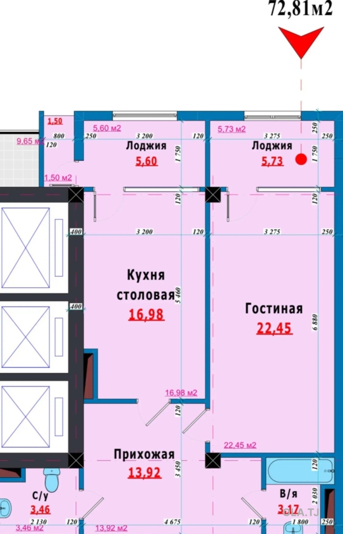1 комнатная квартира, 12 этаж, 73 м²