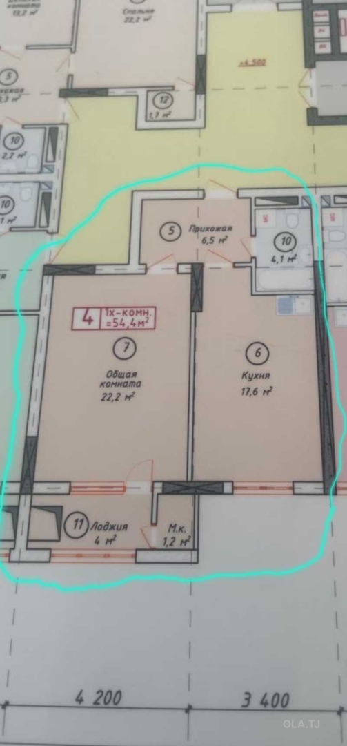 1 комнатная квартира, 12 этаж, 54 м²