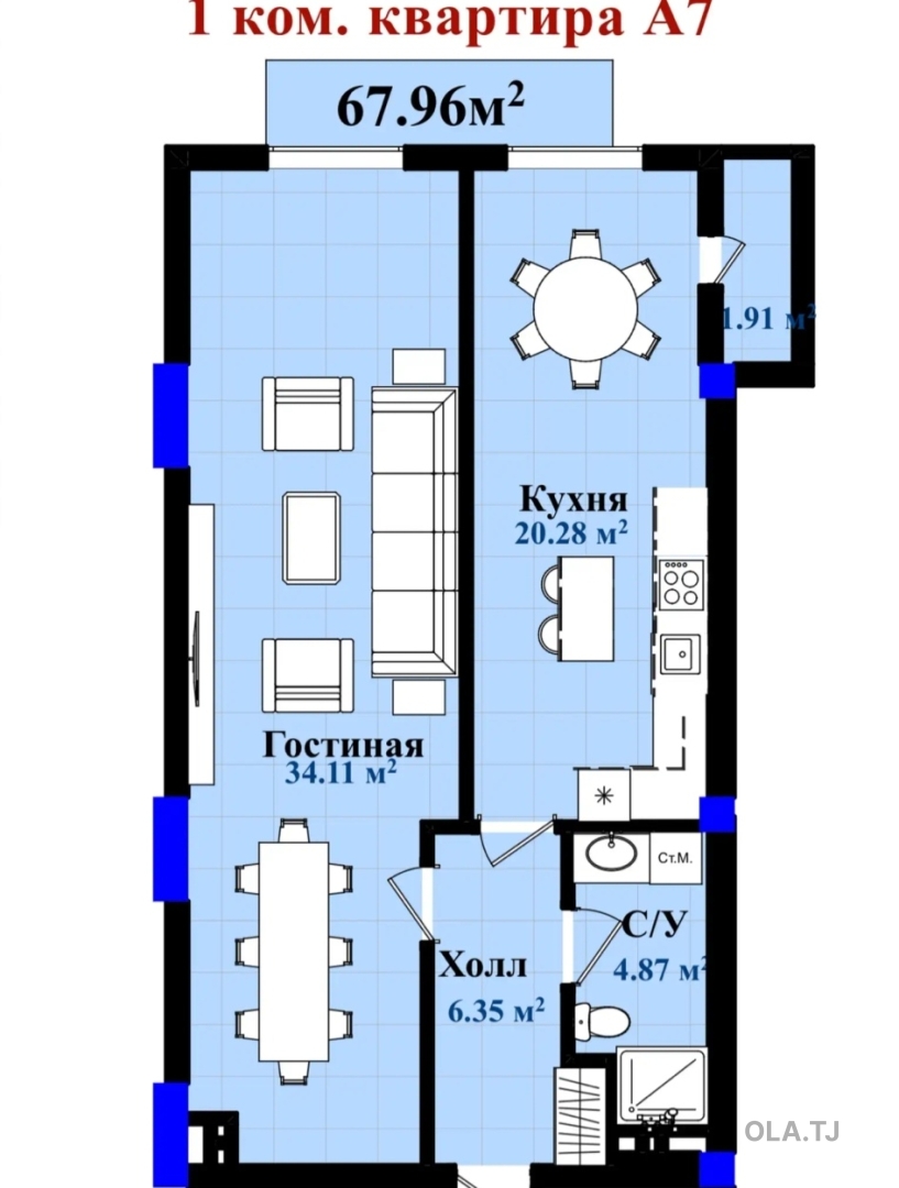 1 комнатная квартира, 8 этаж, 69 м²