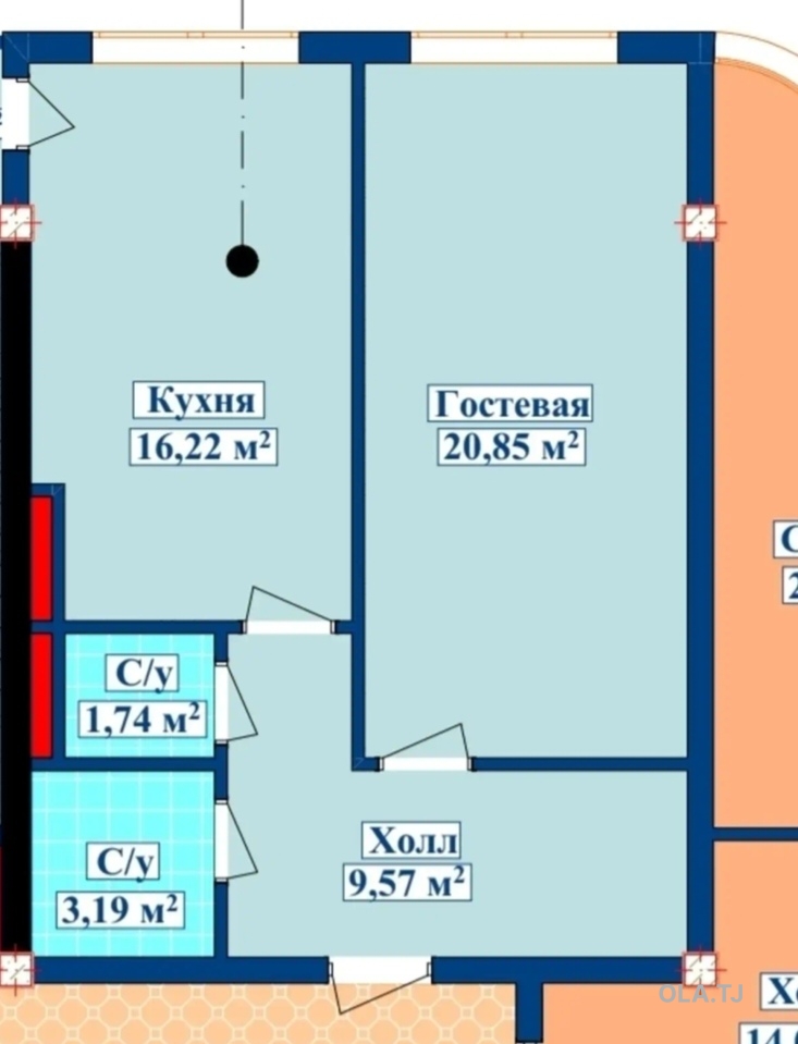 1 комнатная квартира, 8 этаж, 53 м²