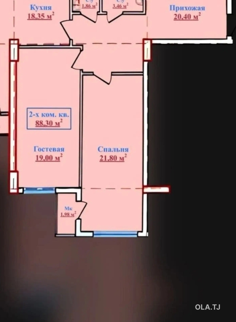 2 комнатная квартира, 14 этаж, 88 м²