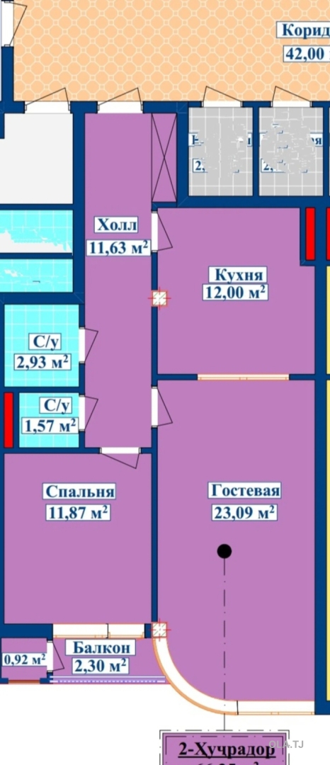 2 комнатная квартира, 14 этаж, 66 м²