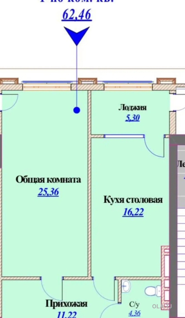 1 комнатная квартира, 8 этаж, 62 м²
