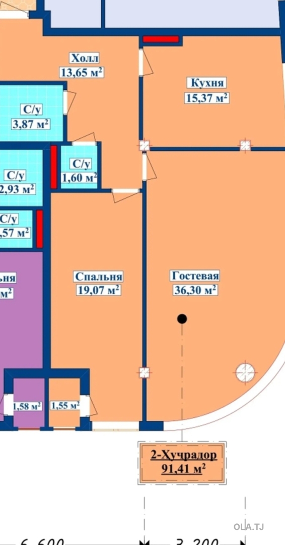 2 комнатная квартира, 8 этаж, 91 м²