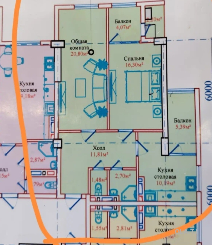 3 комнатная квартира, 8 этаж, 75 м²