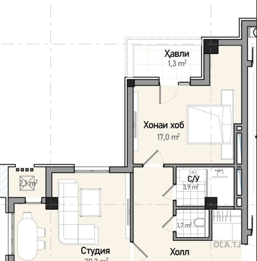 1 комнатная квартира, 20 этаж, 65 м²
