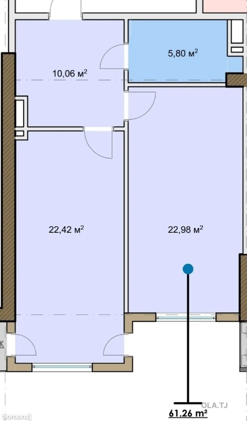 1 комнатная квартира, 8 этаж, 61 м²