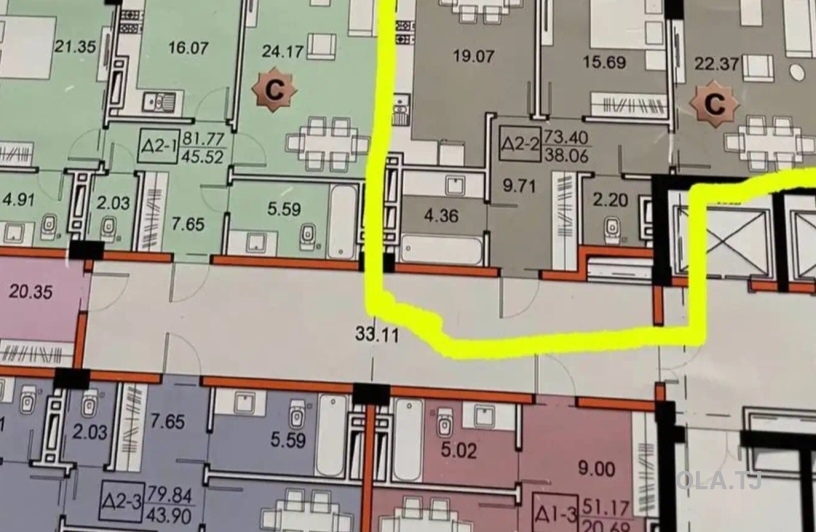 2 комнатная квартира, 10 этаж, 73 м²
