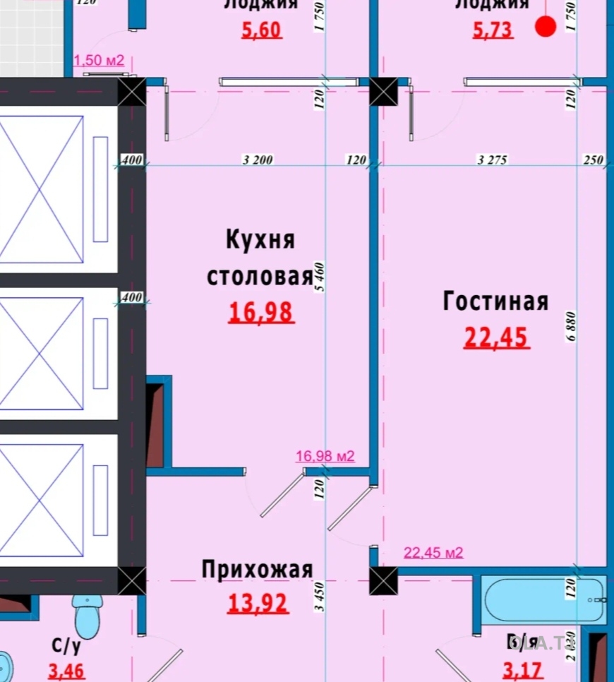 1 комнатная квартира, 12 этаж, 72 м²