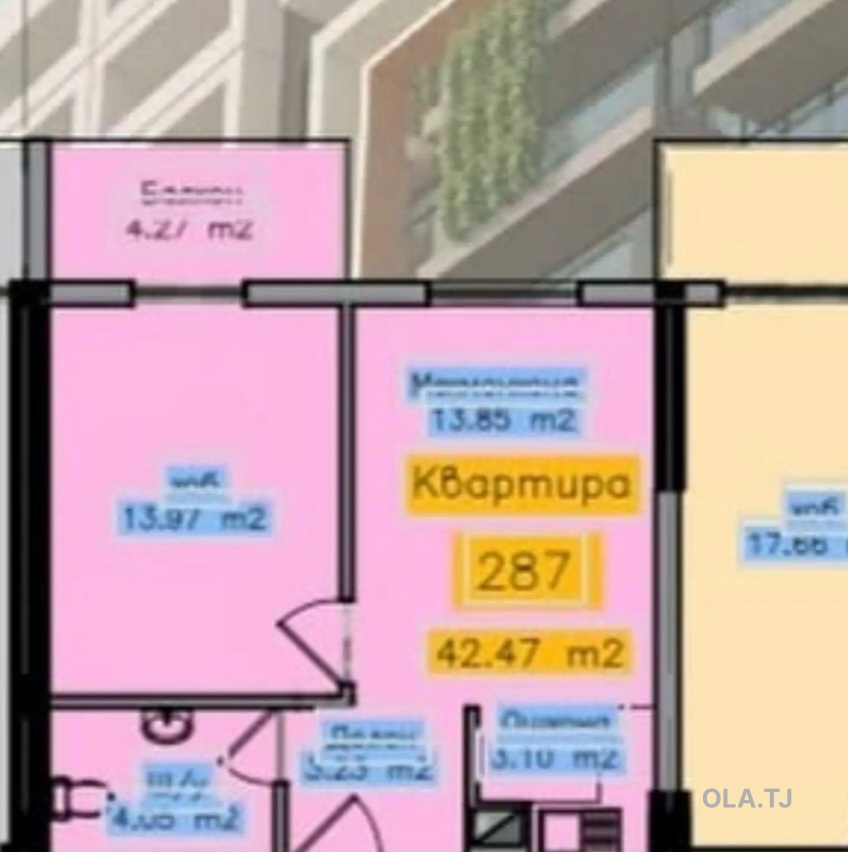 1 комнатная квартира, 14 этаж, 43 м²