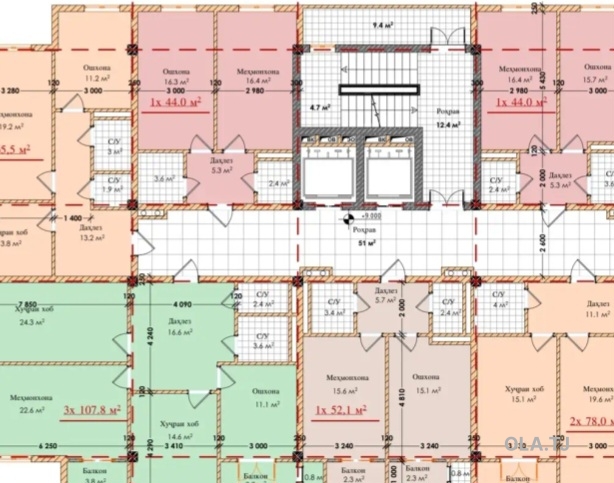 1 комнатная квартира, 12 этаж, 44 м²