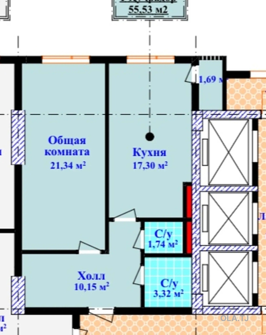 1 комнатная квартира, 13 этаж, 53 м²
