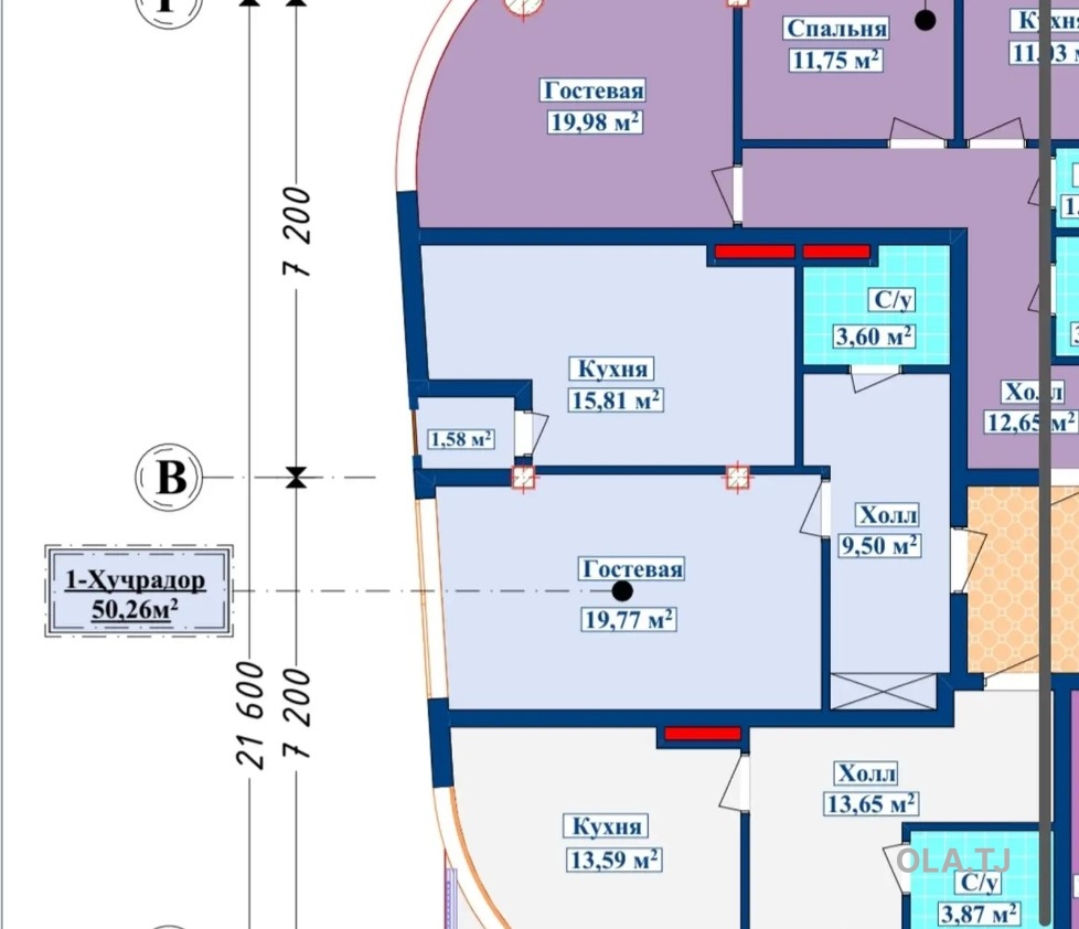 1 комнатная квартира, 10 этаж, 50 м²