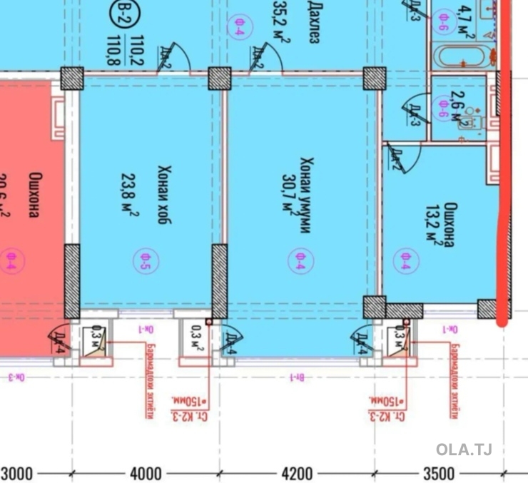 2 комнатная квартира, 6 этаж, 112 м²