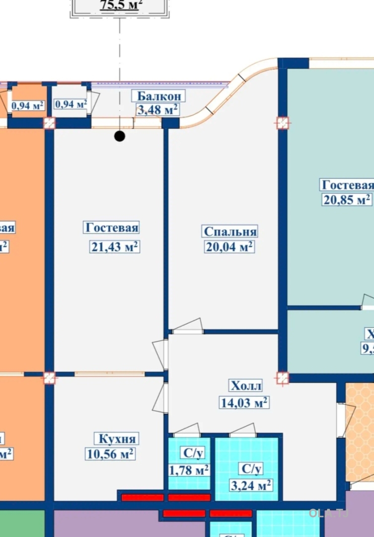 2 комнатная квартира, 9 этаж, 75 м²